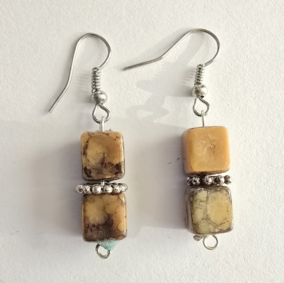 Handmade Jewelry - Stone earrings handmade silver tone tan peach cube square beads beaded